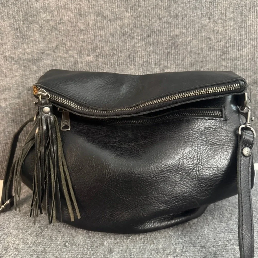Patricia Nash Black Leather Convertible Backpack Crossbody Bag Tassel Foldover